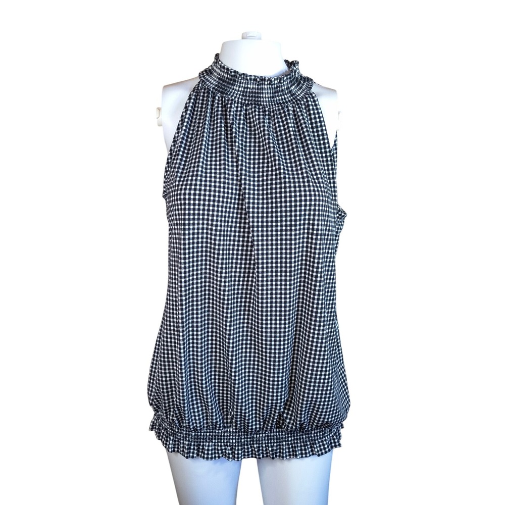 Adrianna Papell‎ Gingham Smocked Ruffle Halter Top Sleeveless Blouse Black White